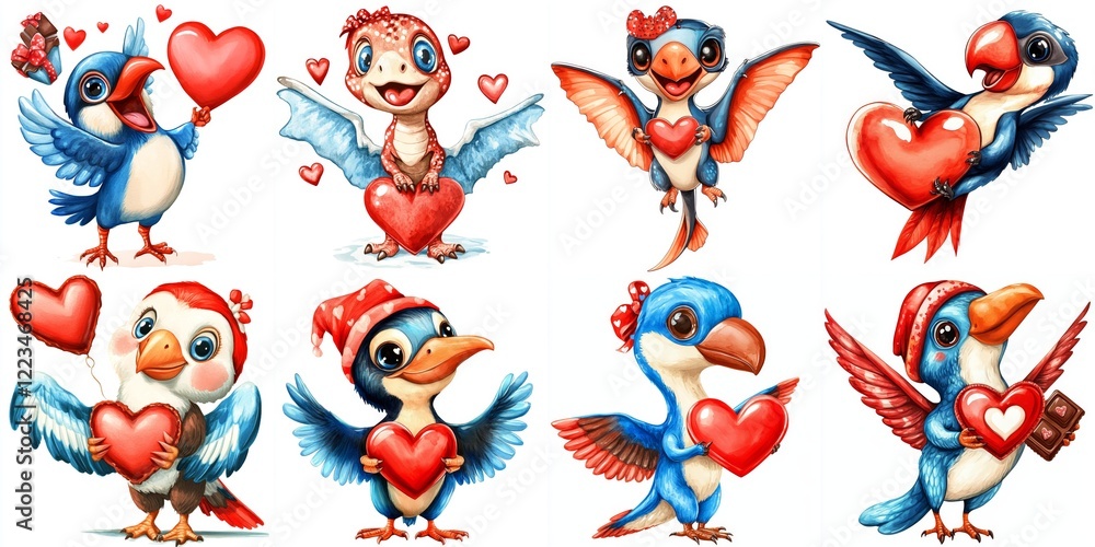 Obraz premium Cute Watercolor Pteranodon Valentine Clipart - Adorable cartoon pteranodons and birds celebrate Valentine's Day with hearts and chocolate. Symbolizing love, friendship, cuteness, celebration, and joy