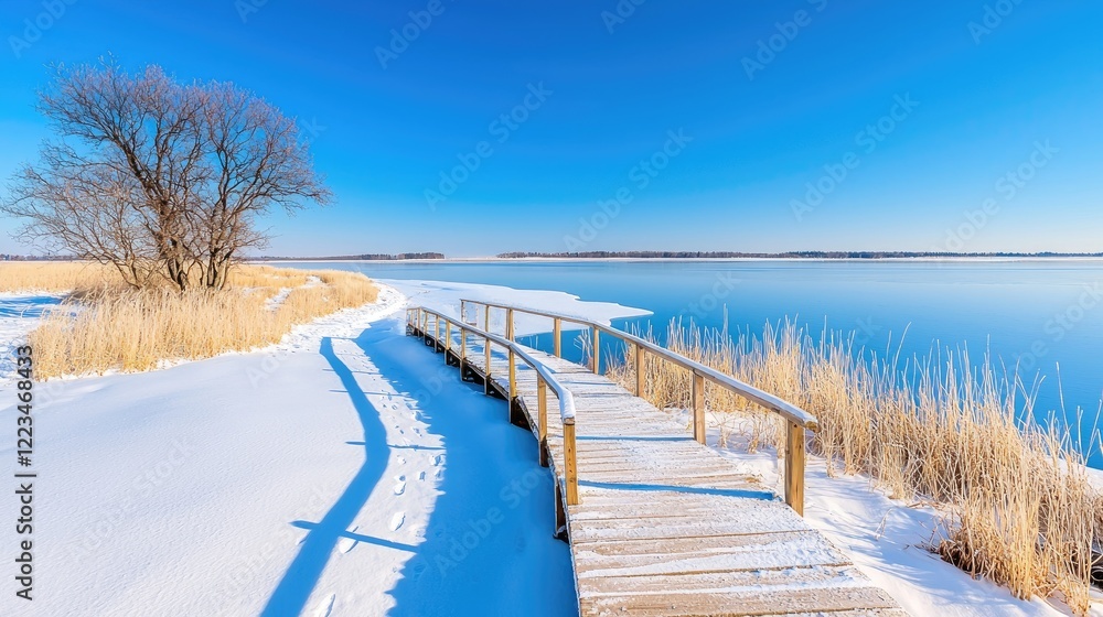 Winter boardwalk by a frozen lake under a clear blue sky Winter boardwalk by a frozen lake under a clear blue sky
