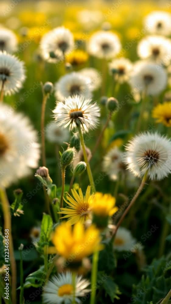 Dandelion Seed Heads and Wildflowers in a Spring Field at Sunset - Vertical Video Dandelion Seed Heads and Wildflowers in a Spring Field at Sunset - Vertical Video