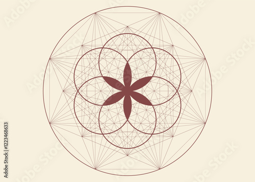 Flower of Life, Sacred Geometry. Geometric mystic mandala of alchemy esoteric symbol. Mystical Seed of Life outline vector divine meditative amulet isolated on vintage background