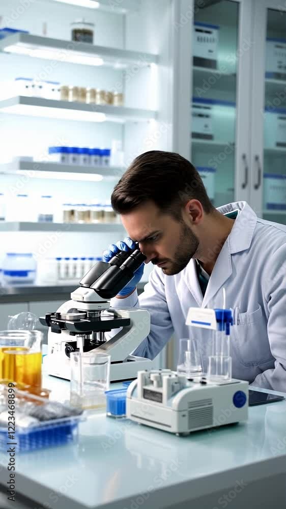 A man in a lab coat is working on a microscope. The lab is filled with various scientific equipment and supplies, including beakers, test tubes, and a variety of chemicals. The atmosphere is focused A man in a lab coat is working on a microscope. The lab is filled with various scientific equipment and supplies, including beakers, test tubes, and a variety of chemicals. The atmosphere is focused