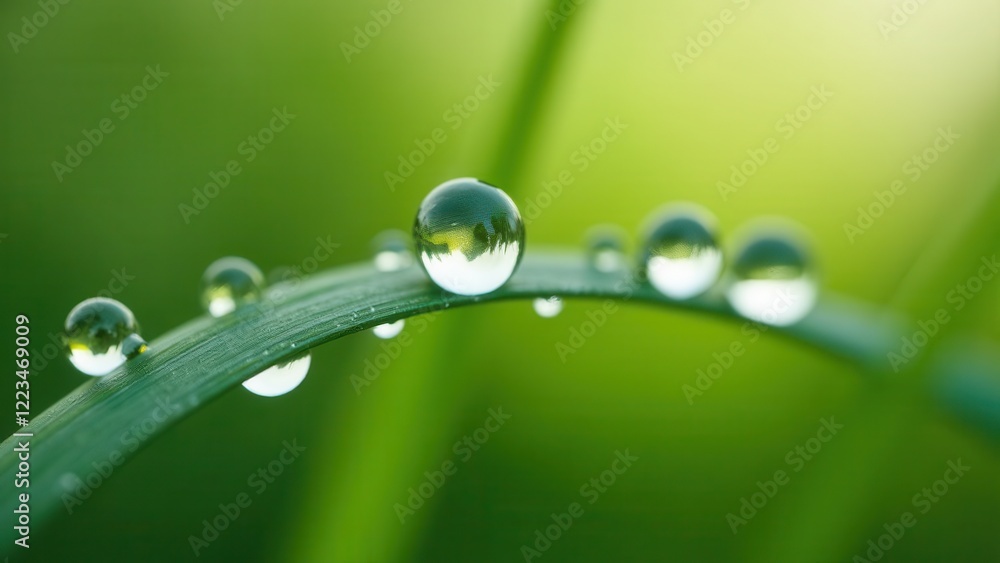 Macro photography of dewdrops on a curved grass blade in the morning light Macro photography of dewdrops on a curved grass blade in the morning light