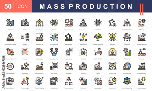 Icon set showcasing Mass Production, including factories, assembly lines, automation, efficiency, quality control, and industrial processes. Ideal for manufacturing and industrial projects.