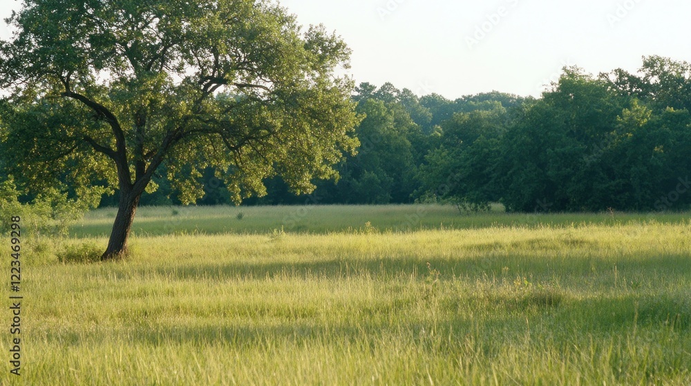 Lone Tree Stands Tall in Summer Grassland Field Lone Tree Stands Tall in Summer Grassland Field