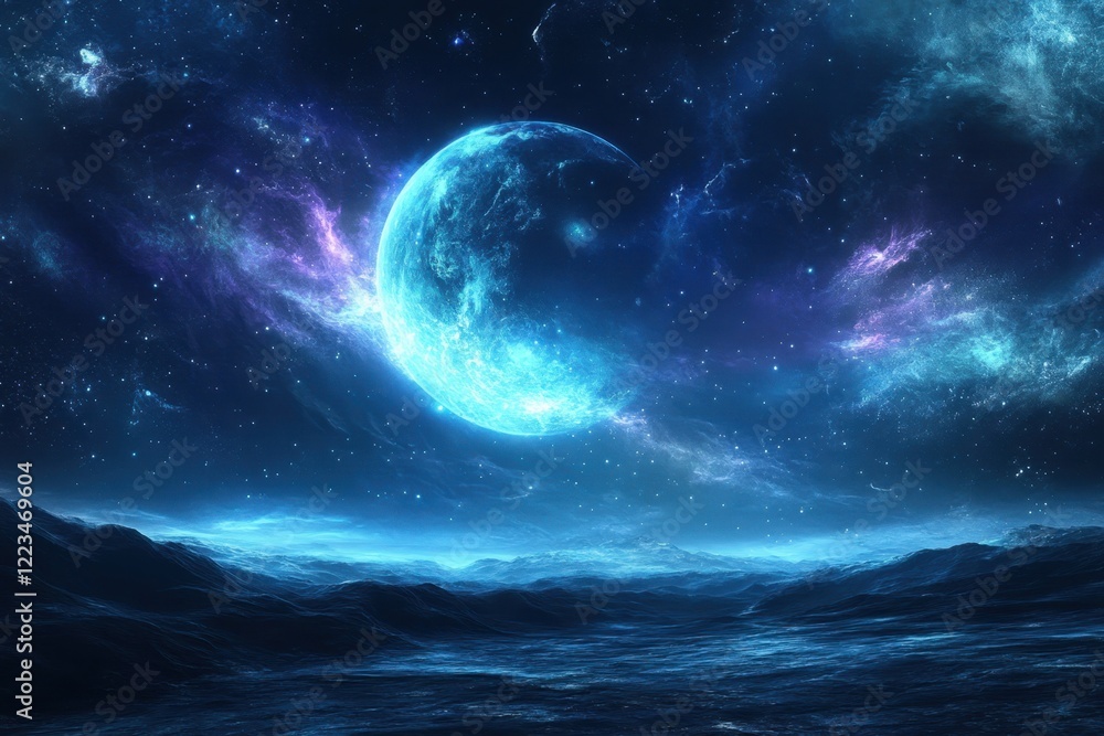 Vast cosmic scene with a glowing blue planet over an expansive ocean at night Vast cosmic scene with a glowing blue planet over an expansive ocean at night