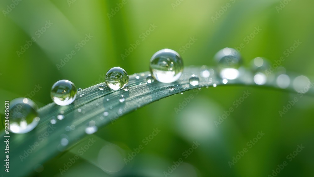 Macro photography of dewdrops on a curved grass blade in the morning light Macro photography of dewdrops on a curved grass blade in the morning light
