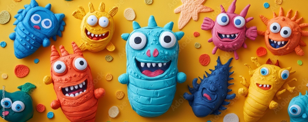 Vibrant clay monsters with big eyes on a yellow background Vibrant clay monsters with big eyes on a yellow background
