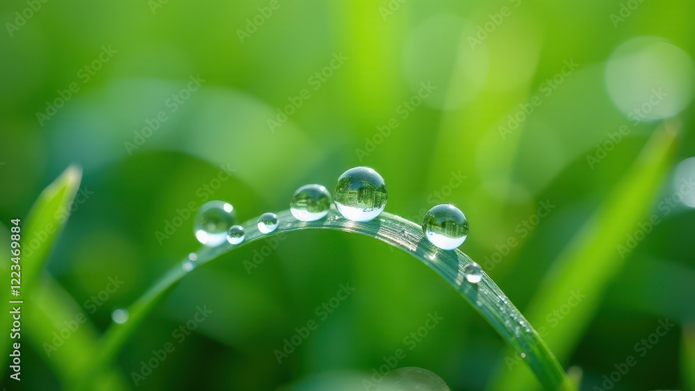 Macro photography of dewdrops on a curved grass blade in the morning light Macro photography of dewdrops on a curved grass blade in the morning light