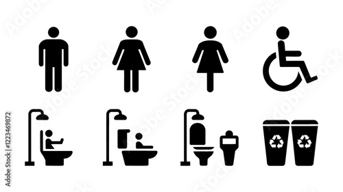 Restroom and Hygiene-Related Icons Set Featuring Men, Women, Handicap, and Facilities
