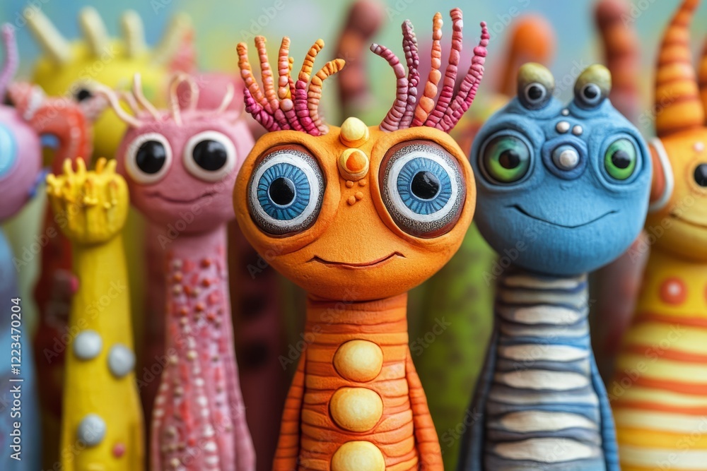 Fototapeta premium Brightly colored clay figures with large eyes showcasing artistic creativity