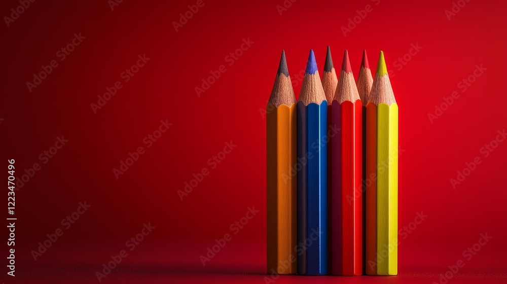 A row of pencils with different colors are standing on a red background