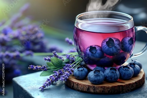 A vibrant blueberry lavender hot tea with steam rising, placed on a wooden coaster with fresh lavender sprigs. photo