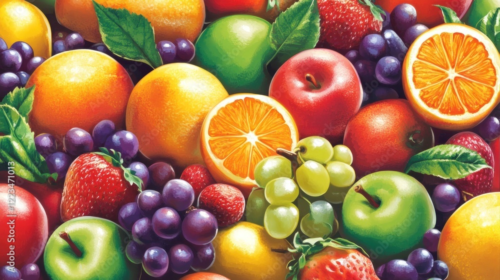 A vibrant collection of fresh fruits in a colorful arrangement A vibrant collection of fresh fruits in a colorful arrangement