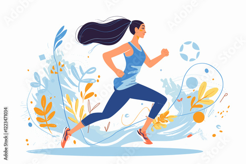 Woman in sportswear running towards goals at sunset, symbolizing healthy lifestyle and determination, road to success