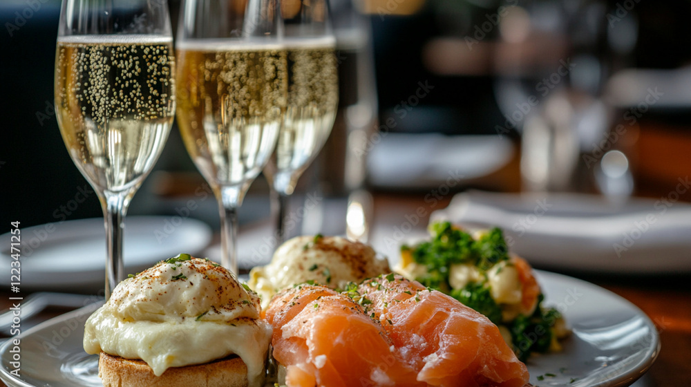 Indulge in the ultimate luxury brunch: Perfectly poached eggs Benedict, atop a bed of succulent smoked salmon, complemented by a glass of exquisite champagne. A culinary masterpiece, Indulge in the ultimate luxury brunch: Perfectly poached eggs Benedict, atop a bed of succulent smoked salmon, complemented by a glass of exquisite champagne. A culinary masterpiece,