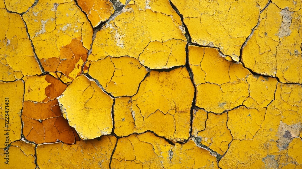 The wall is yellow and has cracks in it The wall is yellow and has cracks in it