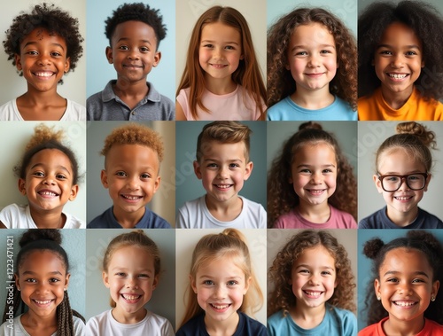 Diverse group of happy children smiling in collage
