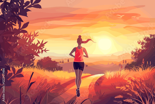 Woman in sportswear running towards her goals on a scenic road at sunset, embodying a healthy and active lifestyle