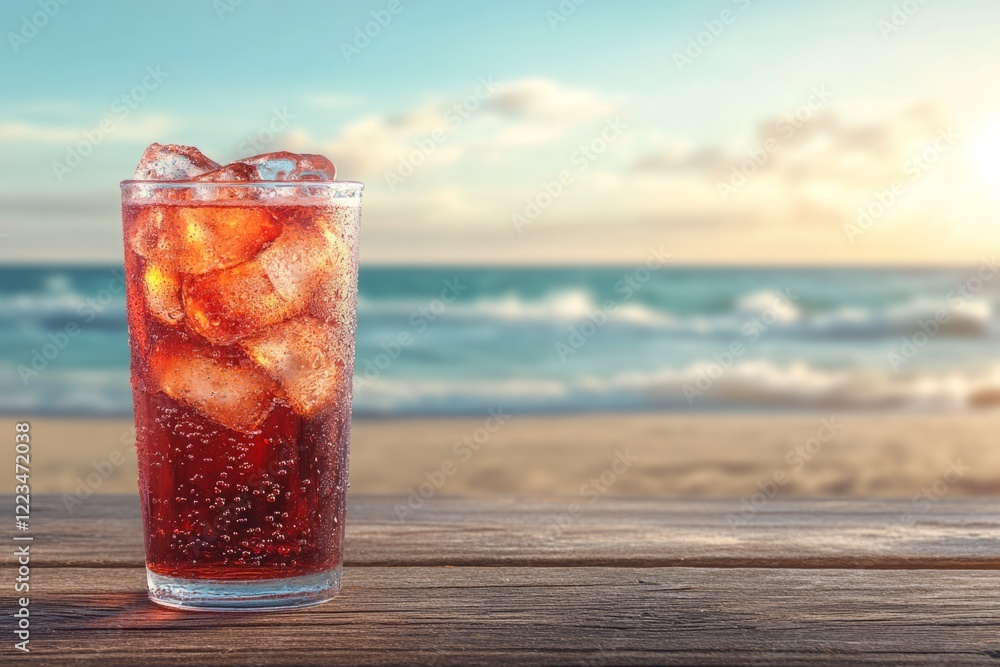 Chilled beverage with ice, overlooking a serene ocean view Chilled beverage with ice, overlooking a serene ocean view