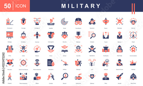 Icon set representing Military Operations, including surveillance, strategy, reconnaissance, special forces, defense, combat, training, and equipment. Perfect for defense and tactical projects.