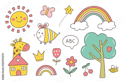 Colorful children's drawings, whimsical doodles, cute animals, giraffe, hippopotamus, bee, fish, cheerful icons, flowers, sun, rainbow, ABC letters, simple math equation, watermelon slice, tree, house