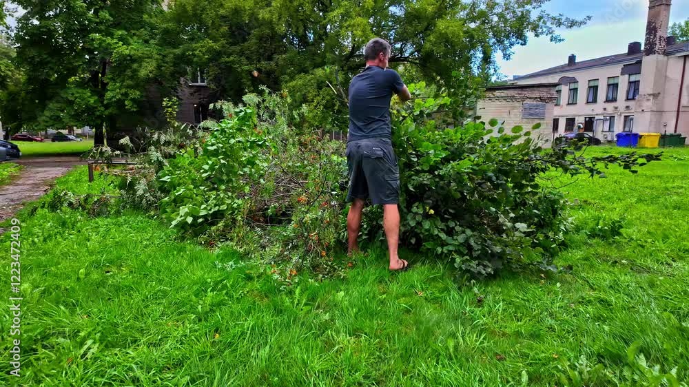 A man dragging cut branches outdoors near a lush green lawn and urban buildings A man dragging cut branches outdoors near a lush green lawn and urban buildings