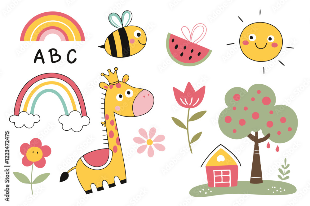 Obraz premium Colorful children's drawings, whimsical doodles, cute animals, giraffe, hippopotamus, bee, fish, cheerful icons, flowers, sun, rainbow, ABC letters, simple math equation, watermelon slice, tree, house