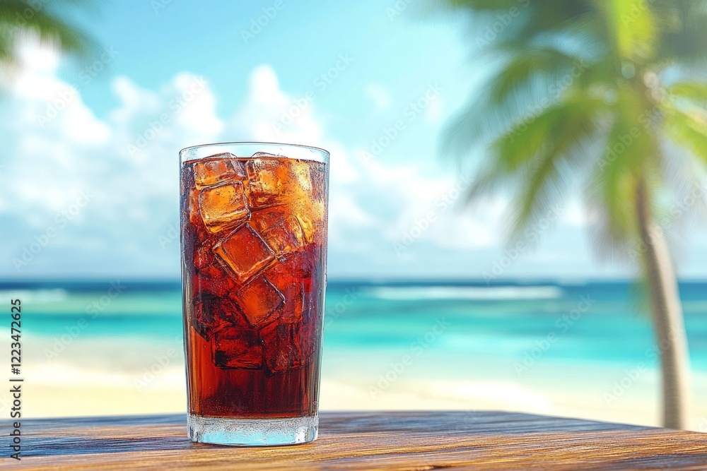 Glass of iced soda resting on wooden table with tropical beach view in the background, offering refreshing escape Glass of iced soda resting on wooden table with tropical beach view in the background, offering refreshing escape