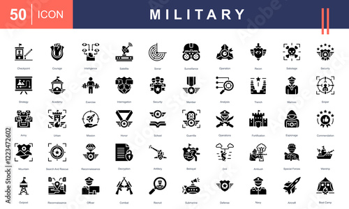 Icon set representing Military Operations, including surveillance, strategy, reconnaissance, special forces, defense, combat, training, and equipment. Perfect for defense and tactical projects.
