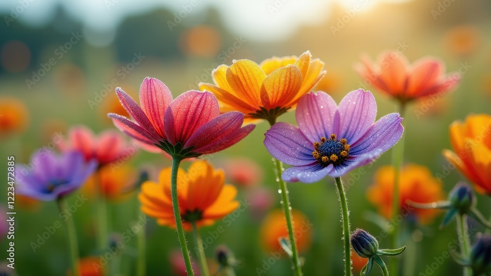 Macro photography of colorful tulips with dewdrops in a sunlit field Macro photography of colorful tulips with dewdrops in a sunlit field