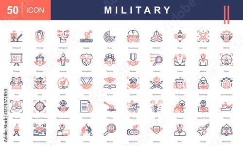 Icon set representing Military Operations, including surveillance, strategy, reconnaissance, special forces, defense, combat, training, and equipment. Perfect for defense and tactical projects.