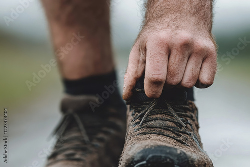 A man's dirty feet are being cleaned by his hand photo