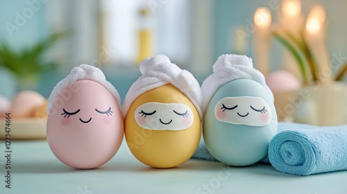gentle pastel Easter eggs in a spa setting, each egg has a soft towel wrap on top, delicate hand-drawn smiles, and soothing face masks or eye patches. Creative cute promotion for Holiday
