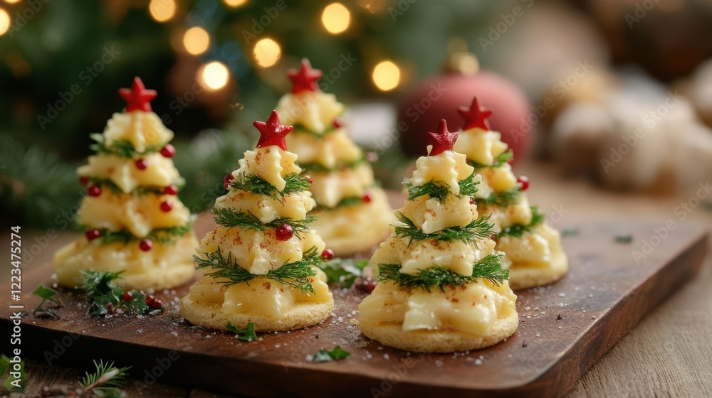 Festive cheese and herb christmas tree appetizers on wooden board Festive cheese and herb christmas tree appetizers on wooden board
