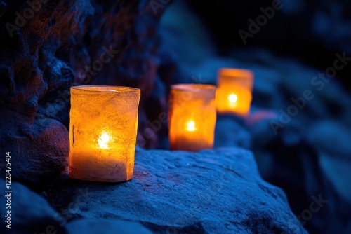 Candles illuminate rocky surroundings during twilight in a serene outdoor setting photo