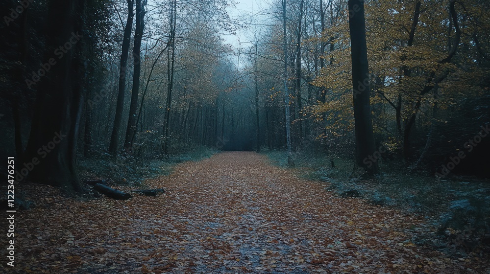 Fototapeta premium Autumnal Forest Path Leading to Distant Light