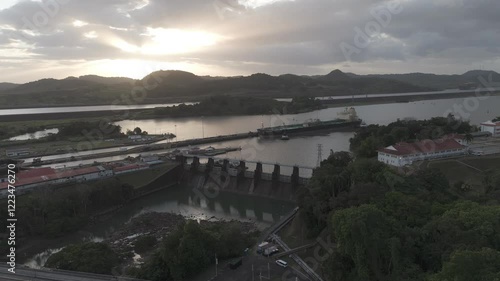 Panama Canal, sunset drone video