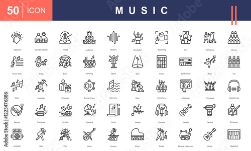 Icon set celebrating Music, featuring instruments, genres, performers, recording, concerts, sound engineering, and harmony. Perfect for creative, educational, and entertainment projects.