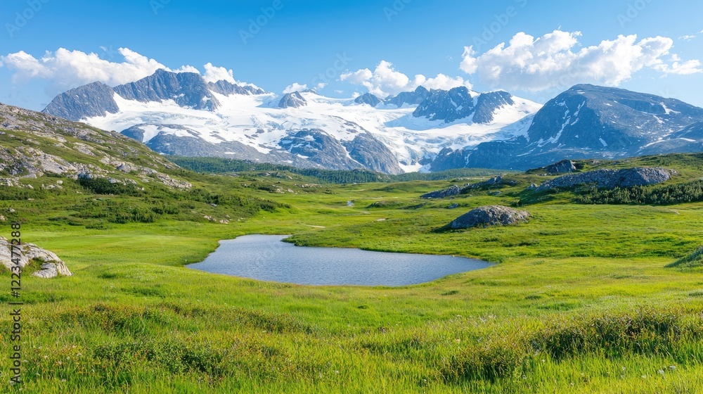 Mountain lake, glacier backdrop, sunny meadow, Alaskan landscape, travel postcard Mountain lake, glacier backdrop, sunny meadow, Alaskan landscape, travel postcard