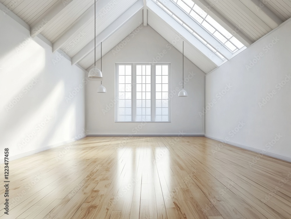Fototapeta premium A large room with a window and a white ceiling. The room is empty and has a lot of natural light