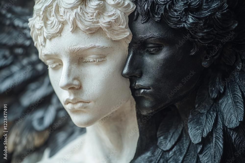 Two angel statues, one white and one black, facing each other, symbolizing the duality of good and evil Two angel statues, one white and one black, facing each other, symbolizing the duality of good and evil