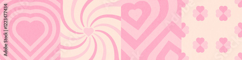 Set of groovy lovely backgrounds or covers. Love retro concept. Happy Valentines day collection. Fun pattern and texture in trendy vintage 60s 70s cartoon style.
