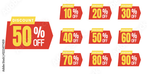 Red Different percent discount sticker discount price tag set. Red round shape promote buy now with sell off up to 10, 20, 30, 40, 50,  percent vector illustration isolated on white.