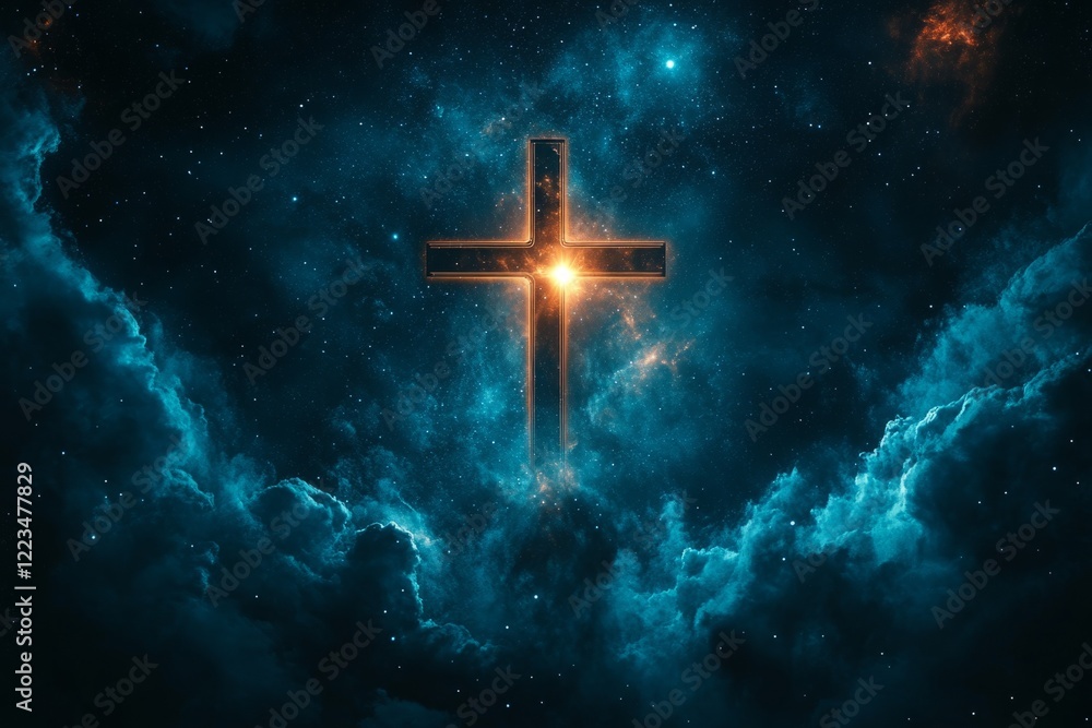Radiant cross shines brightly amidst swirling cosmic clouds Radiant cross shines brightly amidst swirling cosmic clouds