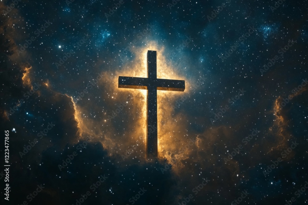 Fototapeta premium Glowing cross shines brightly amidst a starry cosmic background
