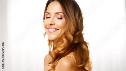 Zoom out video, camera reveals a woman with honey brown hair, soft blush, warm smile, in a bright, airy studio, naturally beautiful hair, high key lighting