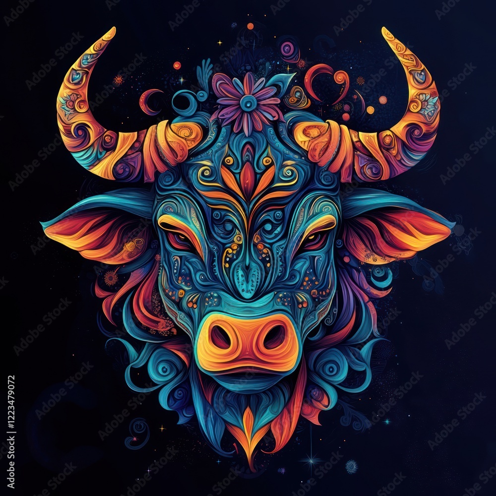 Fototapeta Taurus zodiac sign, colorful with sacred geometry and tribal patterns in the background