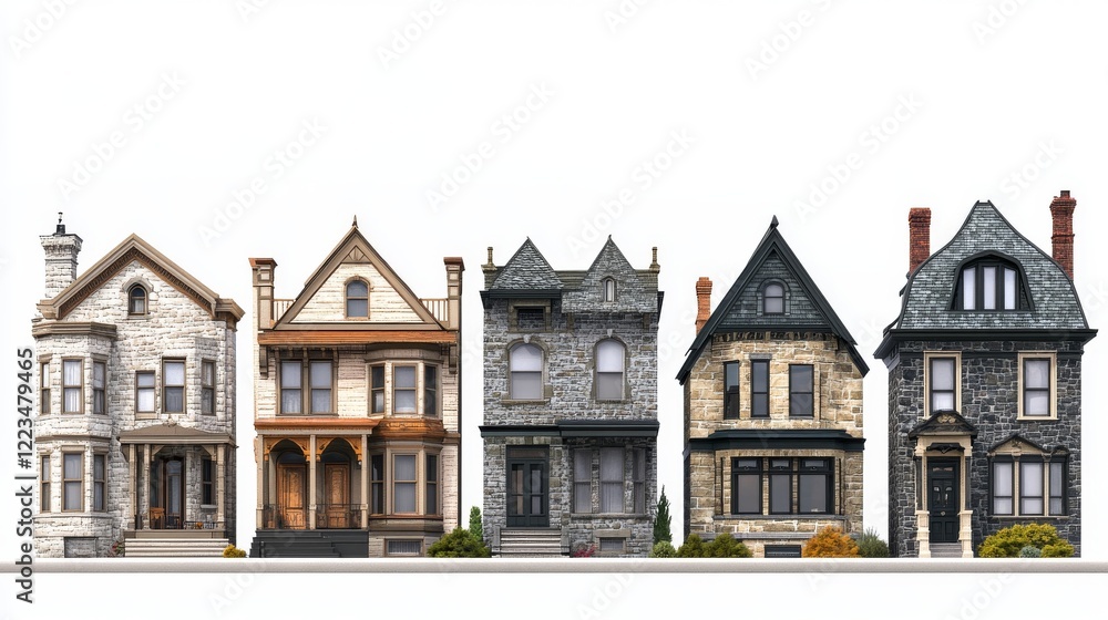 Naklejka premium Urban retro colonial style building cartoon vector illustration. Old stone residential and government buildings, Victorian houses isolated on white background