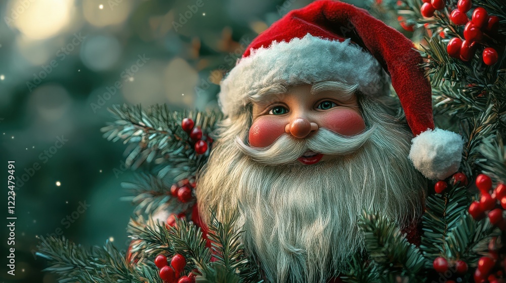 Jolly santa claus in festive holiday setting with pine and berries Jolly santa claus in festive holiday setting with pine and berries