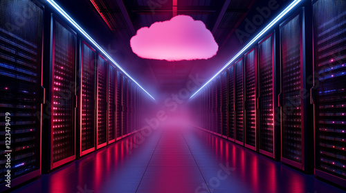 A digital cloud hovering above a network of servers in a modern data center, with illuminated server racks reflecting the transition to cloud technology, symbolizing cloud migratio photo